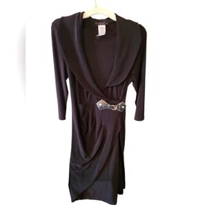 TIANA B. New York Black Knee Length 3/4 Sleeve Wrap Dress W/ Silver Belt